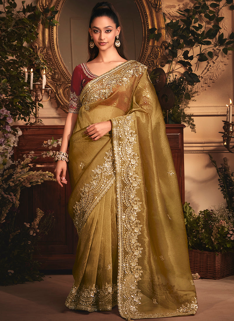 Tissue Organza Olive Green Saree with Sequin Work for Wedding Wear 383992