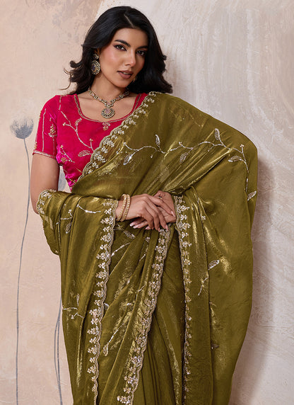 Olive Green Velvet Satin Beads Work Party Wear Saree SW865974