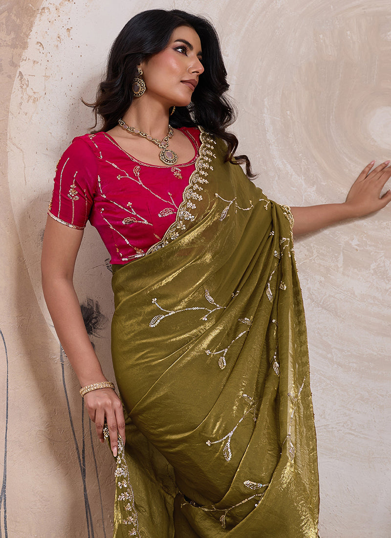 Olive Green Velvet Satin Beads Work Party Wear Saree SW865974