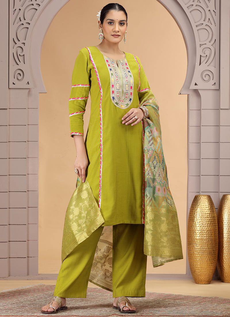 Chiffon Olive Yellow Festival Wear Pattern Pc Work Readymade Salwar Suit 386186