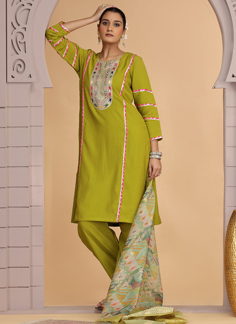 Chiffon Olive Yellow Festival Wear Pattern Pc Work Readymade Salwar Suit 386186