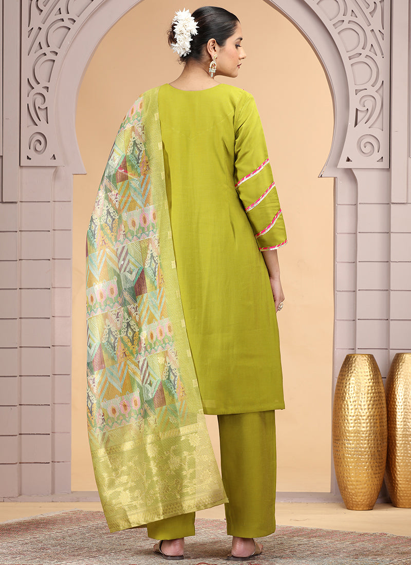 Chiffon Olive Yellow Festival Wear Pattern Pc Work Readymade Salwar Suit 386186