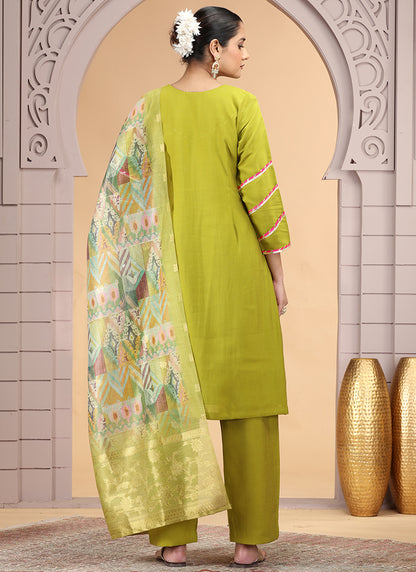 Chiffon Olive Yellow Festival Wear Pattern Pc Work Readymade Salwar Suit 386186