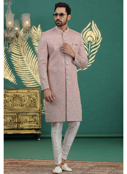 Art Silk Onion Groom Wear Thread Work Readymade Sherwani 385486