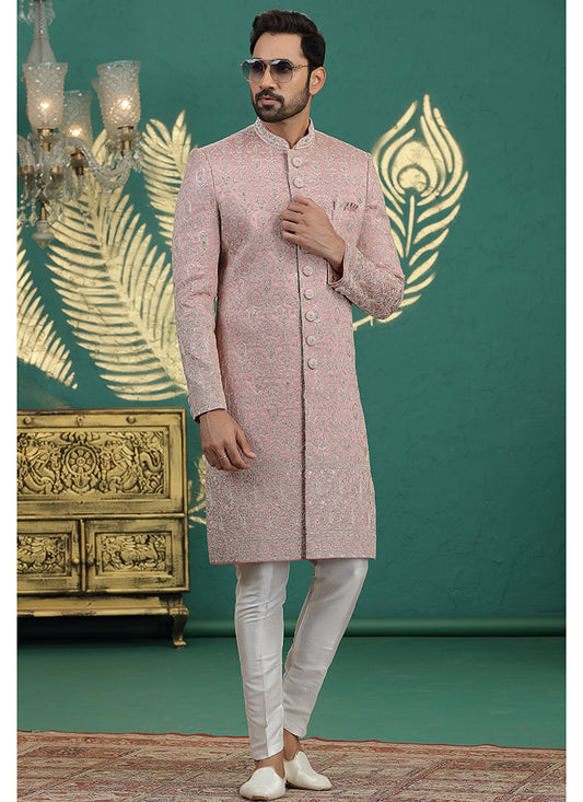 Art Silk Onion Groom Wear Thread Work Readymade Sherwani 385486