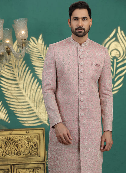 Art Silk Onion Groom Wear Thread Work Readymade Sherwani 385486