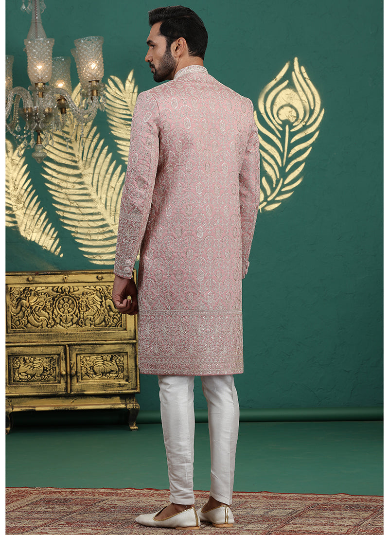 Art Silk Onion Groom Wear Thread Work Readymade Sherwani 385486