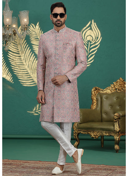 Art Silk Onion Groom Wear Thread Work Readymade Sherwani 385488
