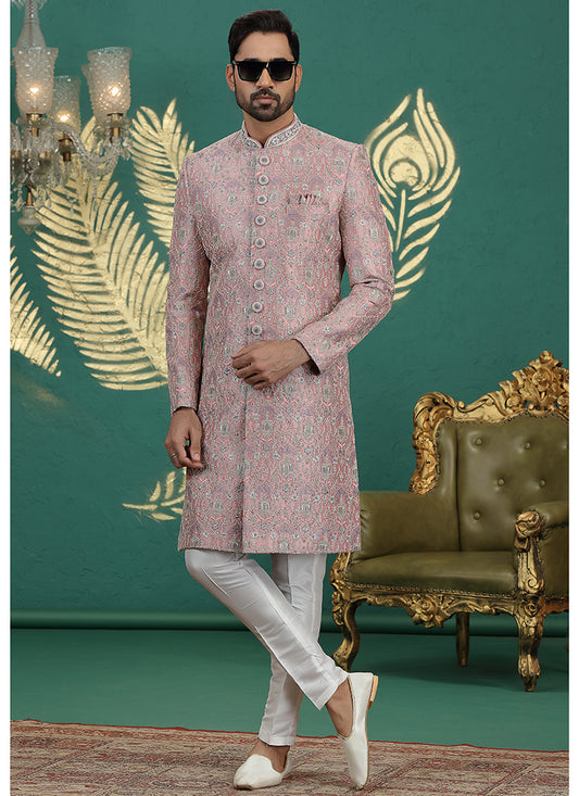 Art Silk Onion Groom Wear Thread Work Readymade Sherwani 385488