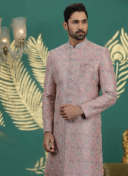 Art Silk Onion Groom Wear Thread Work Readymade Sherwani 385488