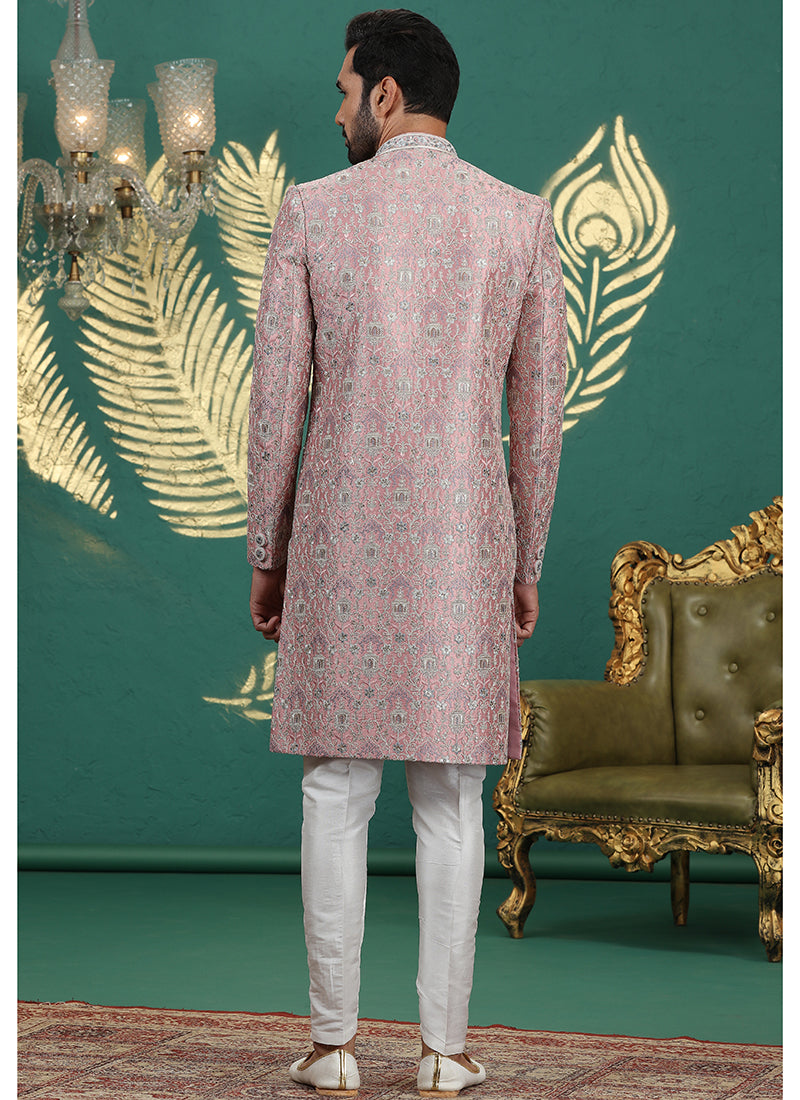 Art Silk Onion Groom Wear Thread Work Readymade Sherwani 385488