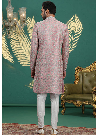 Art Silk Onion Groom Wear Thread Work Readymade Sherwani 385488
