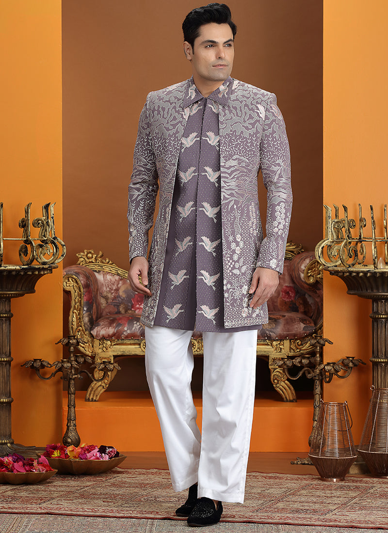 Art Silk Onion Party Wear Computer Thread Work Readymade IndoWestern Sherwani 387368
