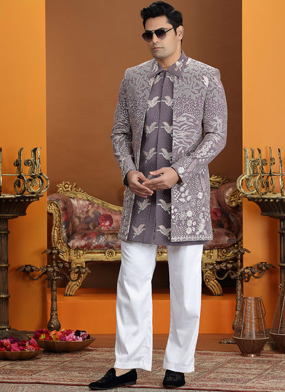 Art Silk Onion Party Wear Computer Thread Work Readymade IndoWestern Sherwani 387368