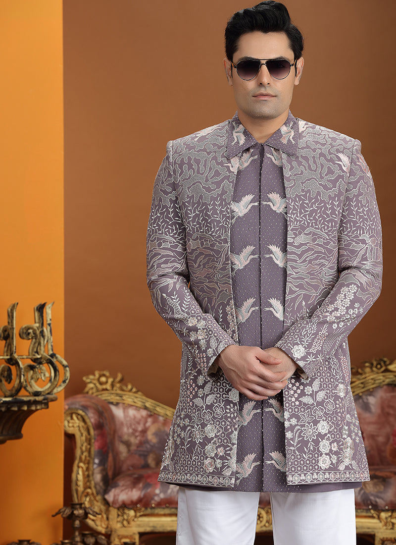 Art Silk Onion Party Wear Computer Thread Work Readymade IndoWestern Sherwani 387368