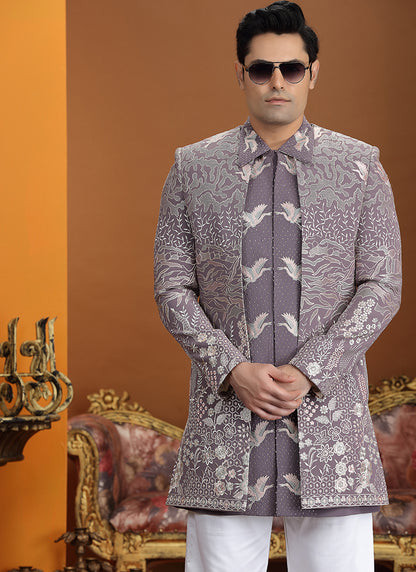 Art Silk Onion Party Wear Computer Thread Work Readymade IndoWestern Sherwani 387368