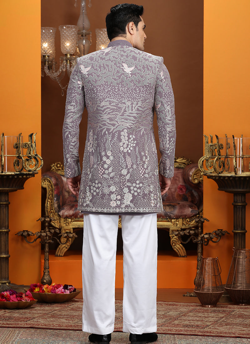 Art Silk Onion Party Wear Computer Thread Work Readymade IndoWestern Sherwani 387368