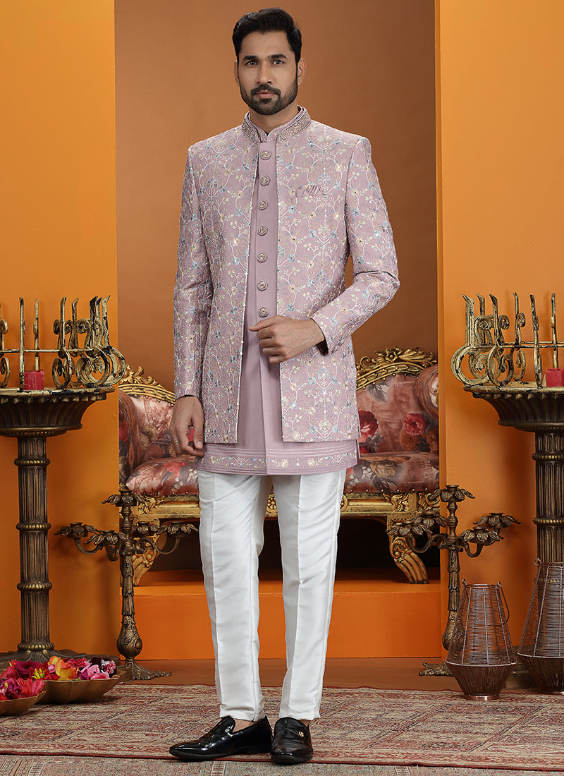 Art Silk Onion Party Wear Computer Thread Work Readymade IndoWestern Sherwani 387373