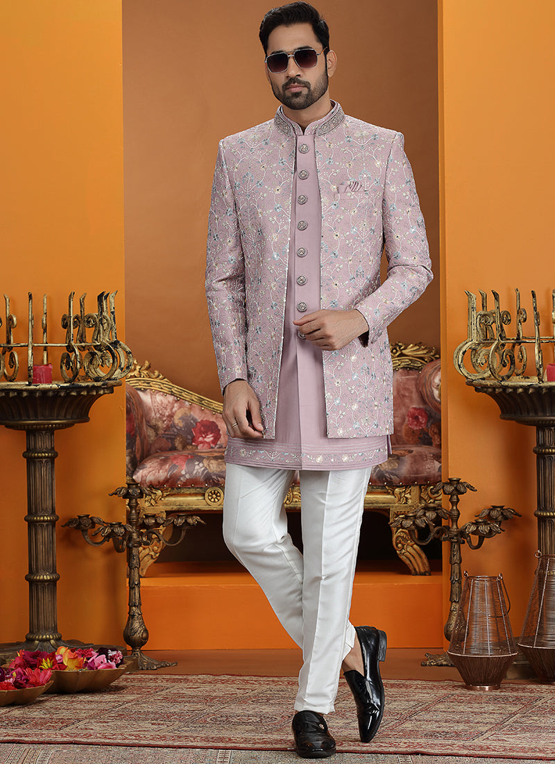 Art Silk Onion Party Wear Computer Thread Work Readymade IndoWestern Sherwani 387373