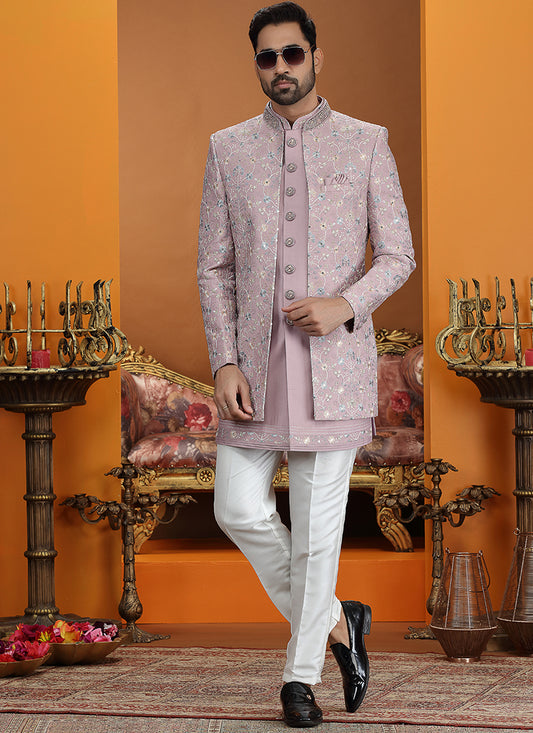 Art Silk Onion Party Wear Computer Thread Work Readymade IndoWestern Sherwani 387373