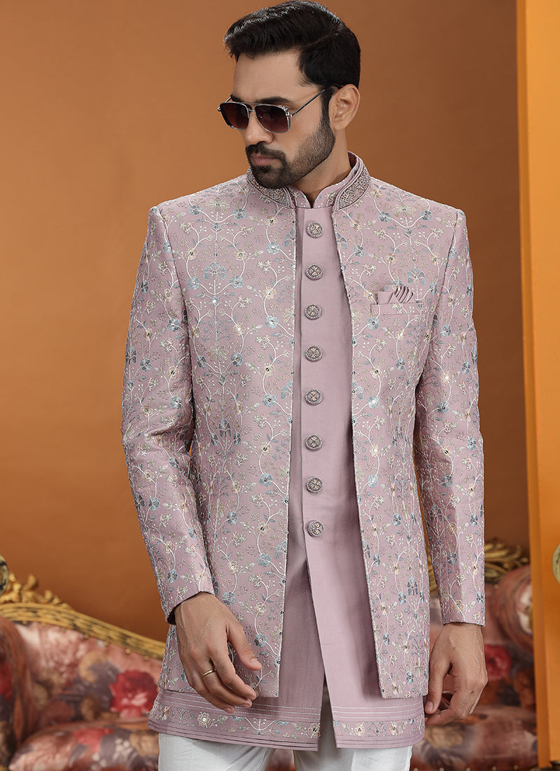 Art Silk Onion Party Wear Computer Thread Work Readymade IndoWestern Sherwani 387373