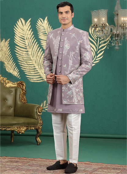 Art Silk Onion Party Wear Computer Thread Work Readymade IndoWestern Sherwani 387377