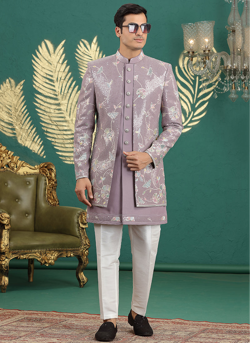 Art Silk Onion Party Wear Computer Thread Work Readymade IndoWestern Sherwani 387377