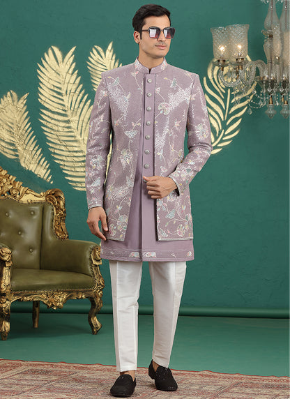 Art Silk Onion Party Wear Computer Thread Work Readymade IndoWestern Sherwani 387377