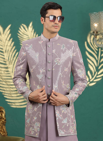 Art Silk Onion Party Wear Computer Thread Work Readymade IndoWestern Sherwani 387377