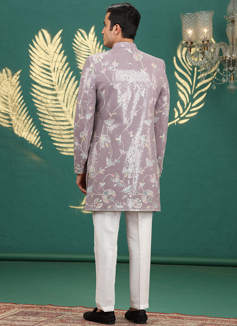 Art Silk Onion Party Wear Computer Thread Work Readymade IndoWestern Sherwani 387377