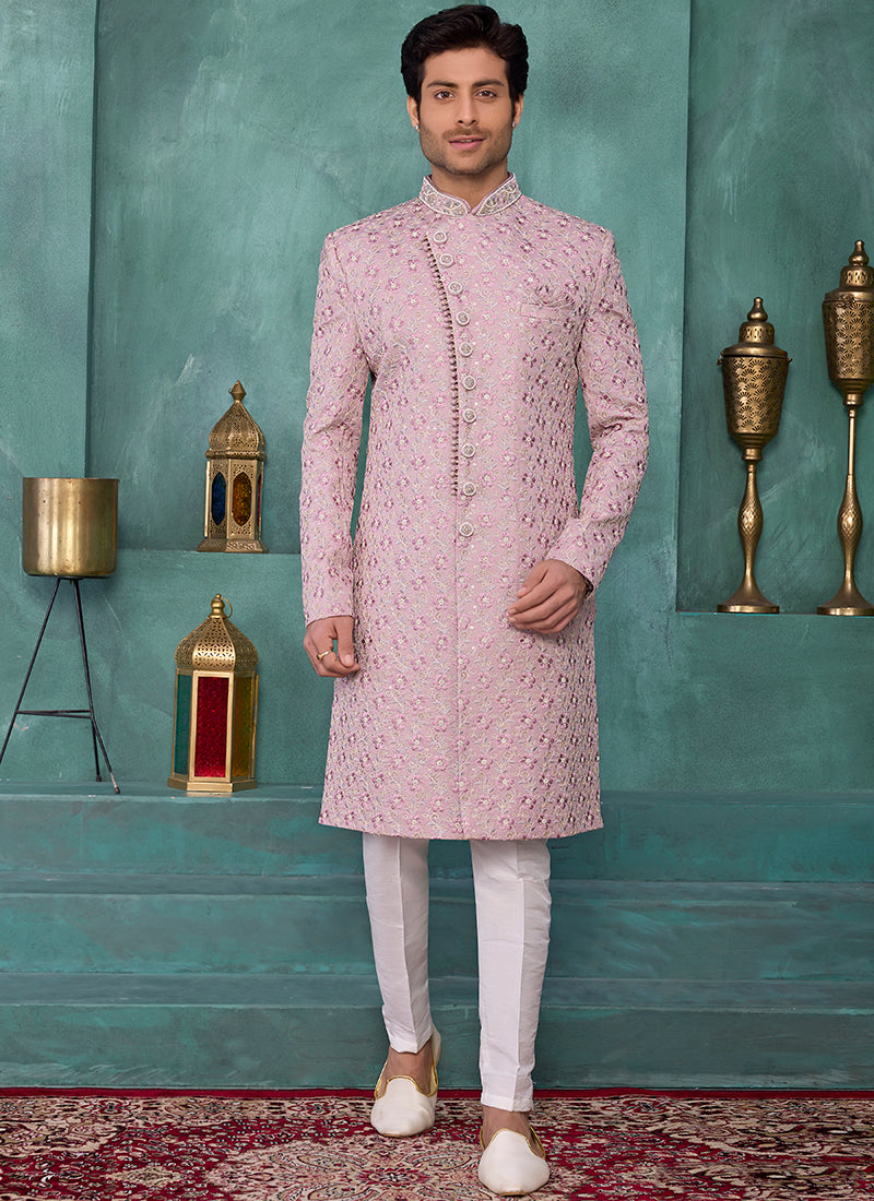 Onion Art Silk Computer Thread Work Party Wear Readymade Sherwani SW209097