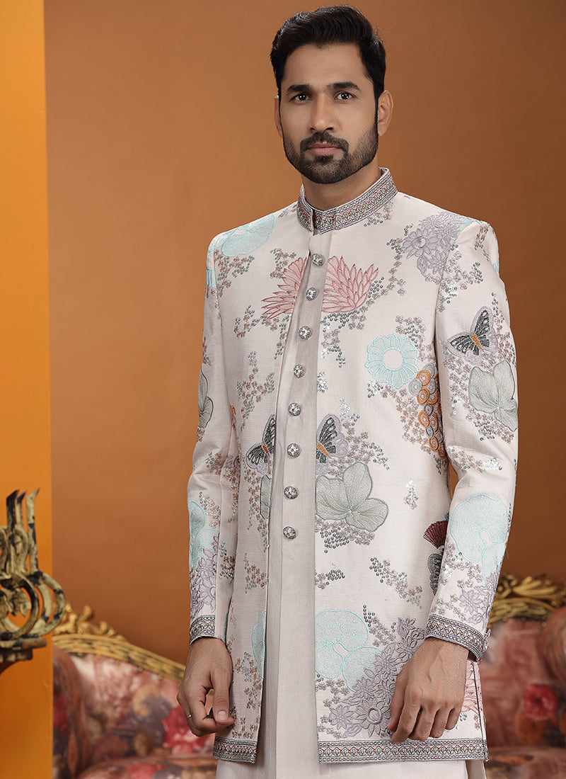 Onion Art Silk Computer Thread Work Wedding Wear Readymade Indowestern Sherwani SW435068