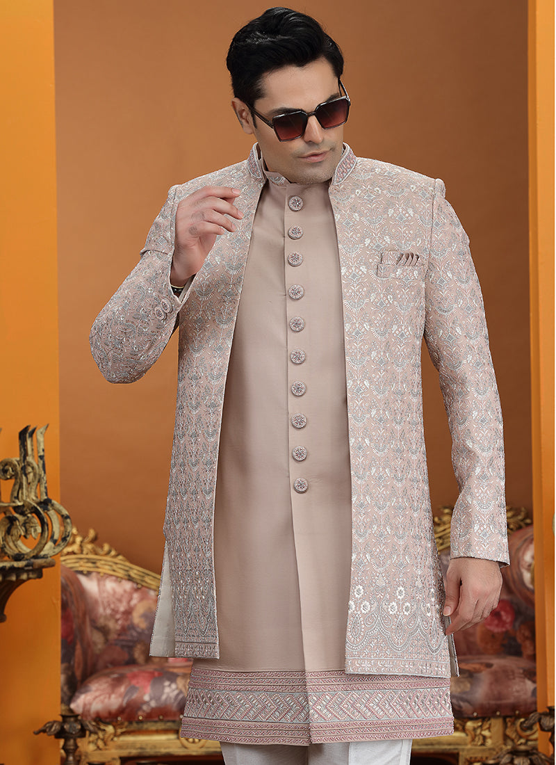 Onion Art Silk Computer Thread Work Wedding Wear Readymade Indowestern Sherwani SW916899