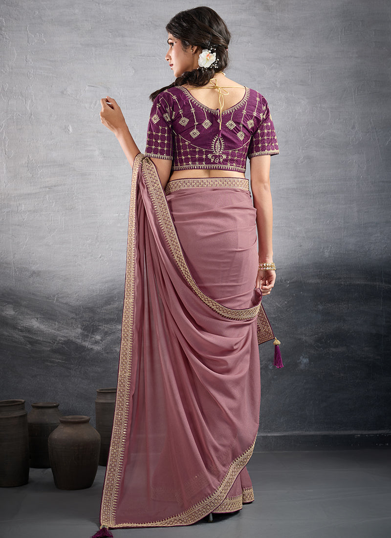 Georgette Onion Party Wear Embroidery Work Saree 385552