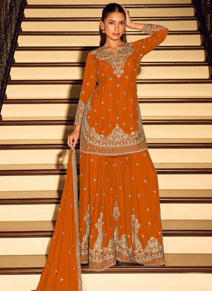 Orange  Chinon Embroidery Work Occasional Wear Readymade Plazzo Suit SW282389