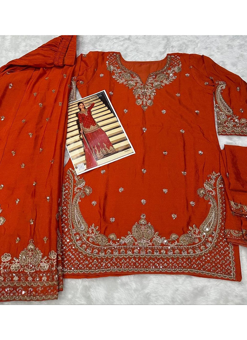 Orange  Chinon Embroidery Work Occasional Wear Readymade Plazzo Suit SW282389