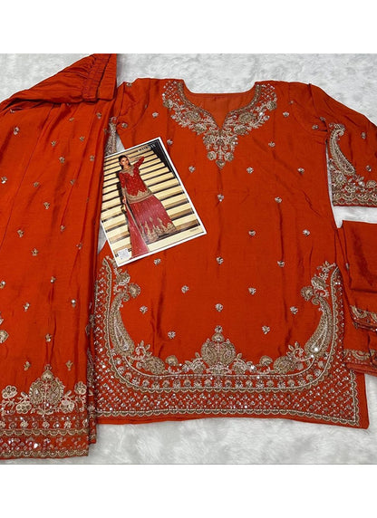 Orange  Chinon Embroidery Work Occasional Wear Readymade Plazzo Suit SW282389