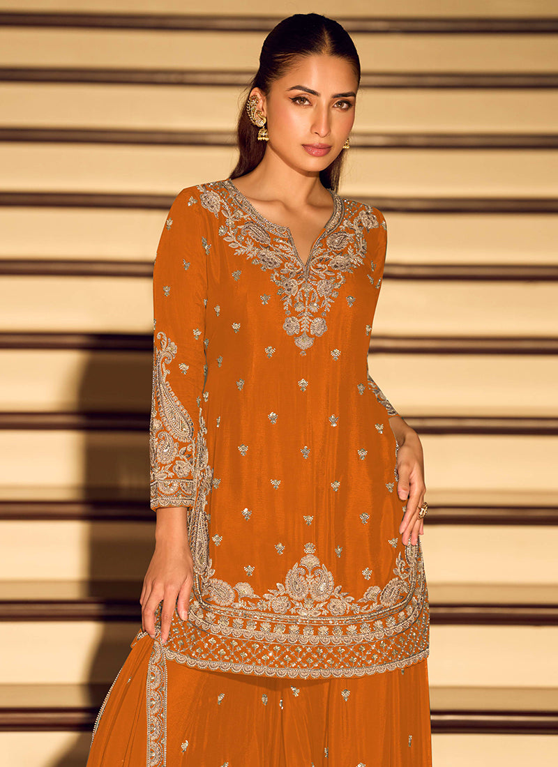 Orange  Chinon Embroidery Work Occasional Wear Readymade Plazzo Suit SW282389