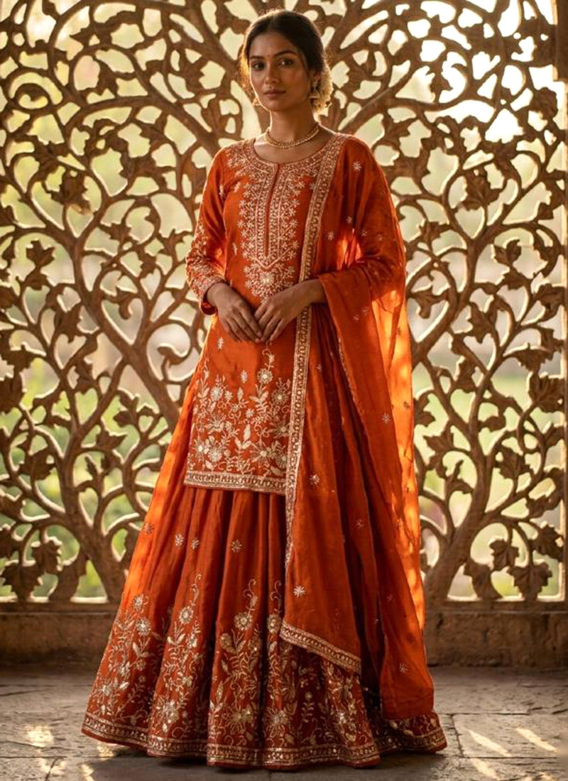 Orange  Jimmy Choo Silk Embroidery Work Occasional Wear Readymade Plazzo Suit SW146548
