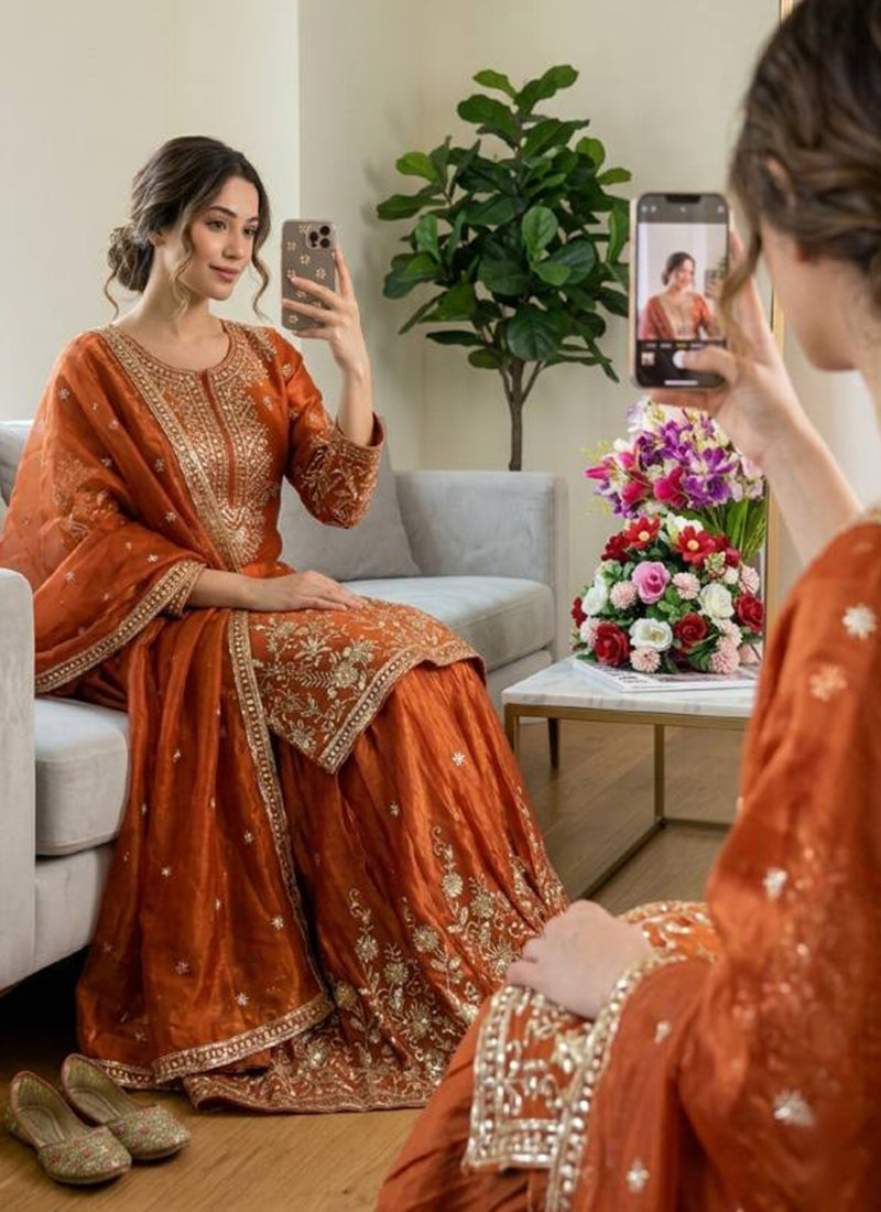Orange  Jimmy Choo Silk Embroidery Work Occasional Wear Readymade Plazzo Suit SW146548
