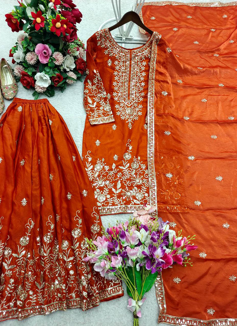 Orange  Jimmy Choo Silk Embroidery Work Occasional Wear Readymade Plazzo Suit SW146548