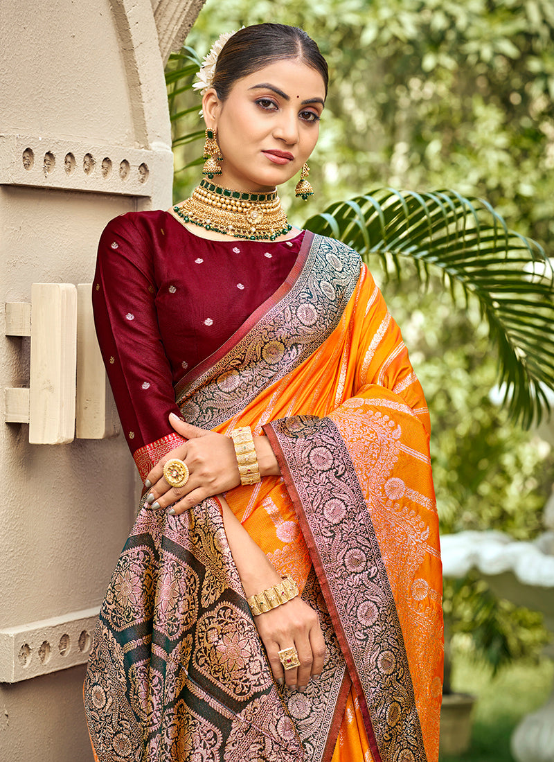 Orange Banarasi Silk Weaving Work Occasional Wear Saree SW889602