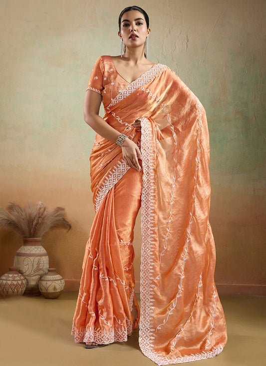 Chiffon Orange Saree with Sequin Work for Festival Wear 383761