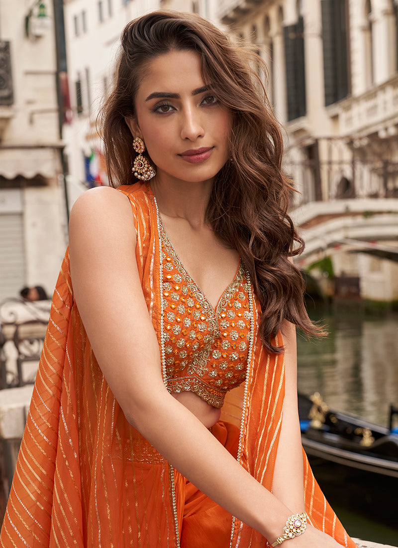Chinnon Silk Orange Party Wear with Embroidery Work Readymade Indo Western Plazzo Suit 385434