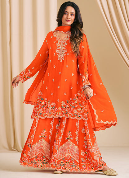 Chinnon Orange Wedding Wear Embroidery Work Readymade Plazzo Suit 385409