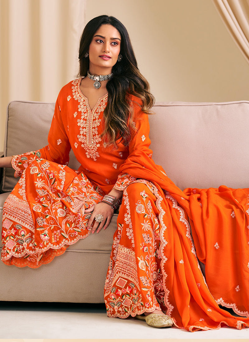 Chinnon Orange Wedding Wear Embroidery Work Readymade Plazzo Suit 385409