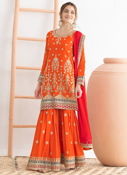 Chinnon Orange Wedding Wear Embroidery Work Readymade Sharara Suit 384919