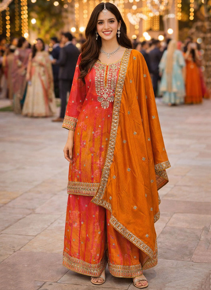 Orange Chinon Embroidery Work Festival Wear Readymade Plazzo Suit SW830521