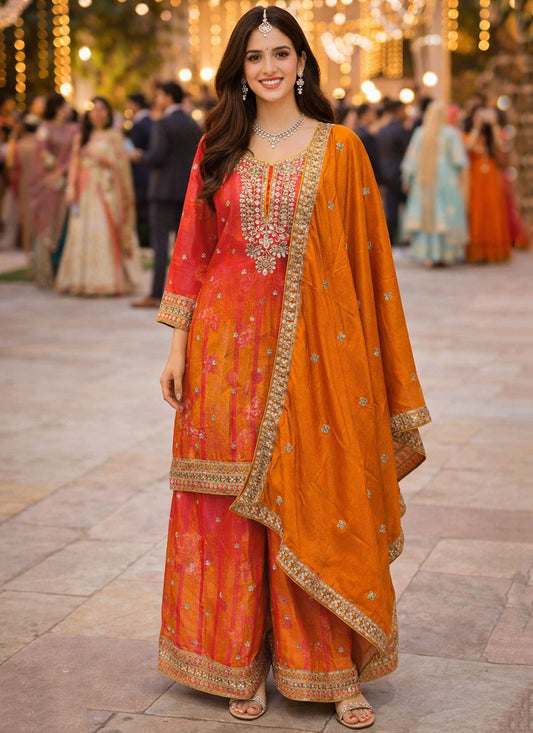 Orange Chinon Embroidery Work Festival Wear Readymade Plazzo Suit SW830521
