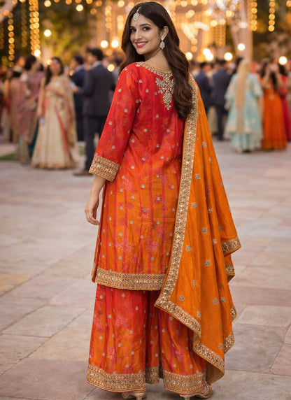 Orange Chinon Embroidery Work Festival Wear Readymade Plazzo Suit SW830521